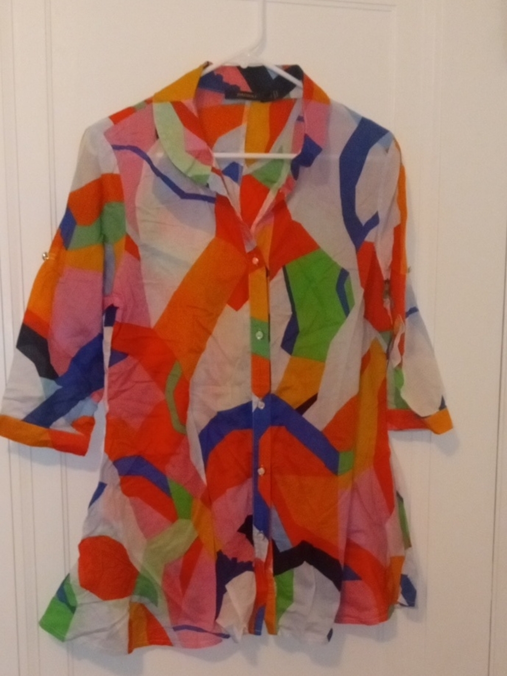 Colorful Abstract Print Button-Up Tunic large, 3/4 sleeve, lightweight